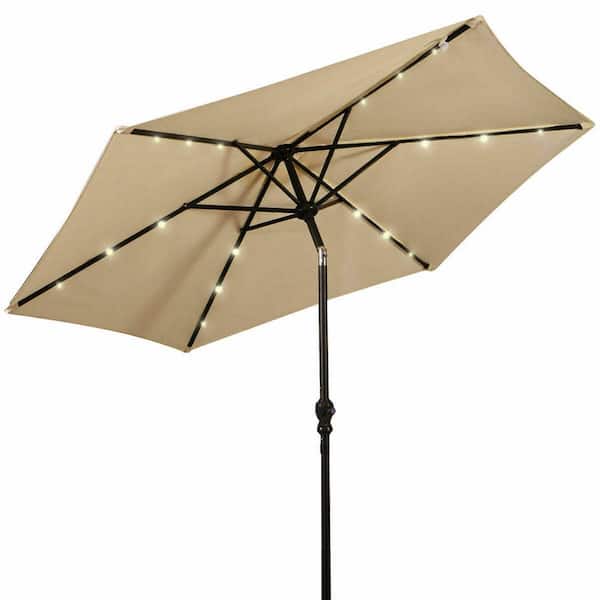 Costway 9 ft. LED Steel Market Tilt Patio Solar Umbrella with Crank Outdoor in Beige