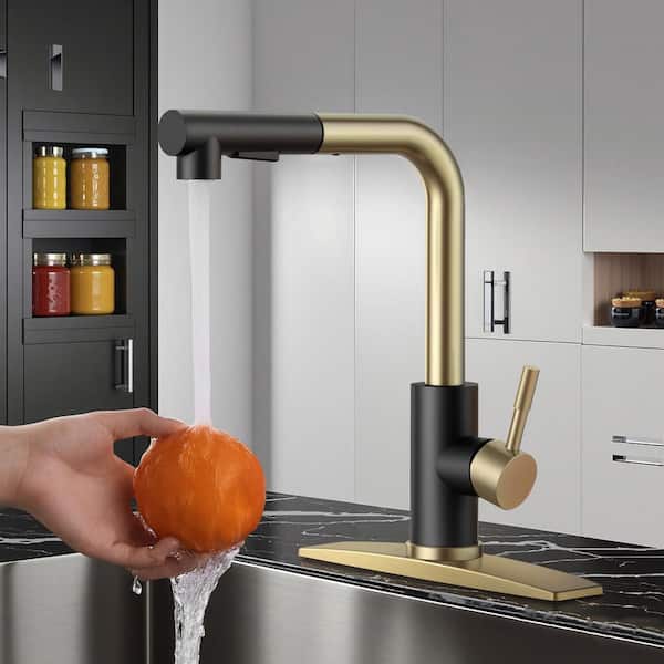 Single Handle Pull Down Sprayer Kitchen Faucet with Advanced Spray Pull Out Spray Wand Spot Resistant in Black Gold