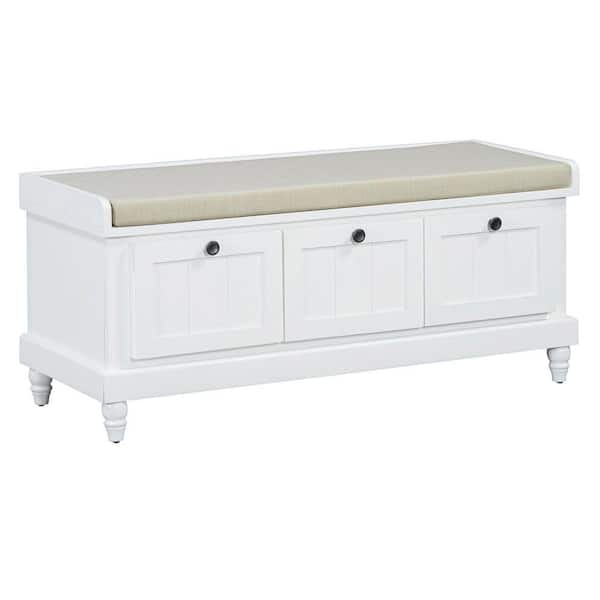 LUCKY ONE 19 in. H x 44 in. W Ivory Rubber Wood Shoe Storage Bench