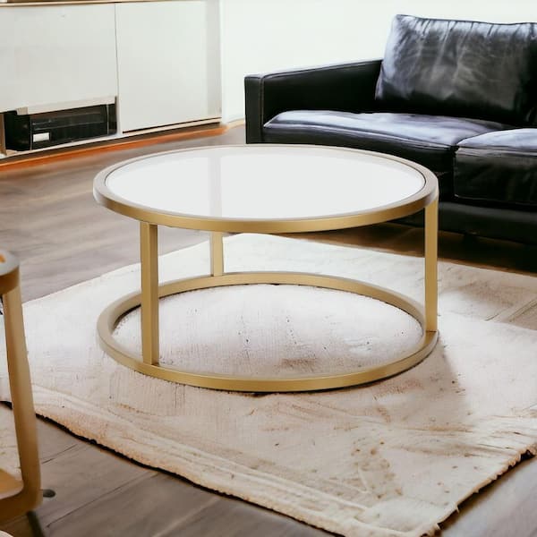 HomeRoots 35 in. Gold Round Glass Coffee Table