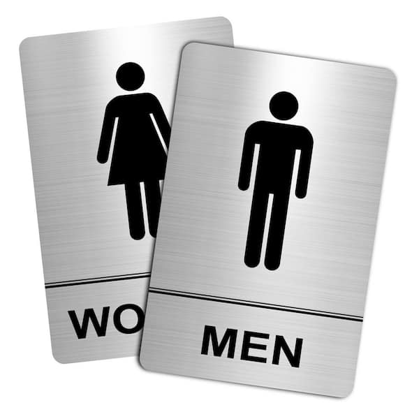 2-Pack Brushed Nickel Metal Unisex Restroom Signs Strong Adhesive Easy Install Bathroom Door Wall Sign
