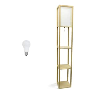 62.5 in. Tan Column Shelf Floor Lamp for Living Room, Bedroom, Office, with Linen Shade and LED Bulb