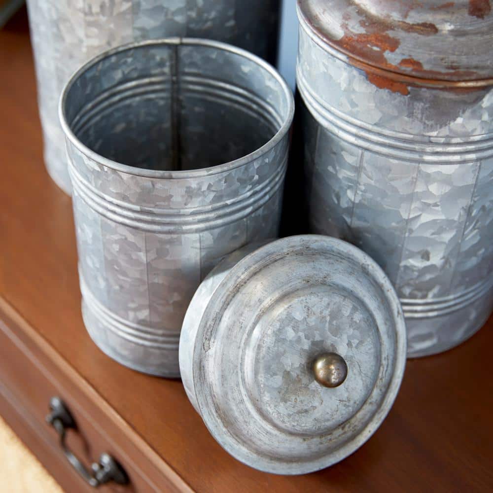 Gray Galvanized Metal Cylinder Canister Set with Lids
