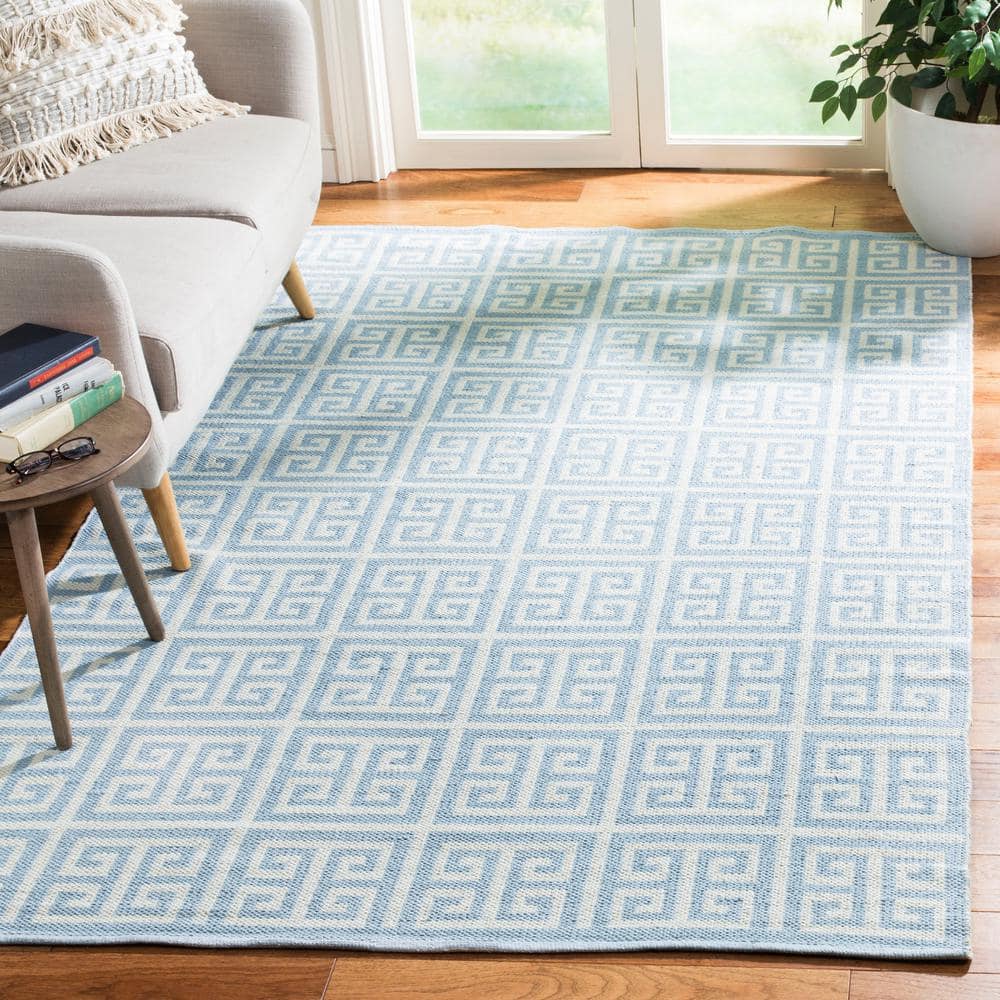 Light Blue and Ivory Cotton Flat Woven 8' x 10' Rug