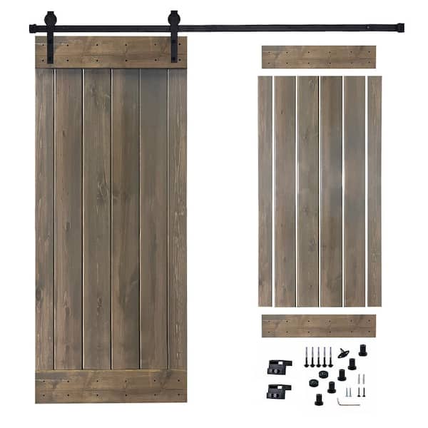 Akicon 36 in. x 84 in. Briar Smoke Painted Wood Sliding Door with Hardware Kit, Pre-Drilled Ready to Assemble
