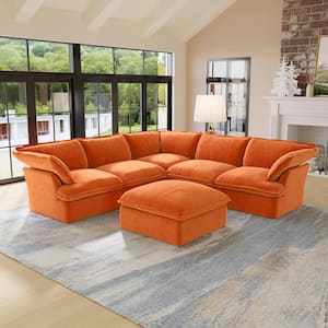 122.6 in. Orange Flared Arm 6-Piece Linen Modular Down-Filled Free Combination Sectional Sofa with Ottoman
