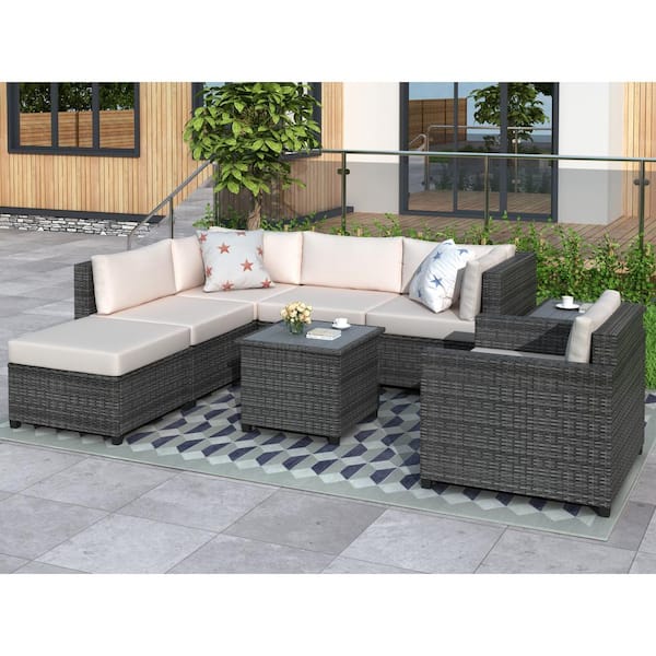 FORCLOVER Gray 8-Piece Wicker Patio Conversation Set with Beige Cushions, A Coffee Table and A Side Table