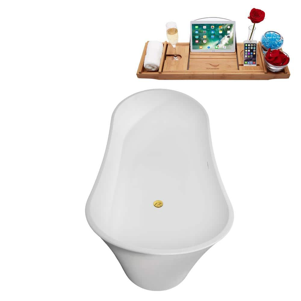 67" Glossy White Acrylic Freestanding Double Slipper Bathtub with Polished Gold Trim