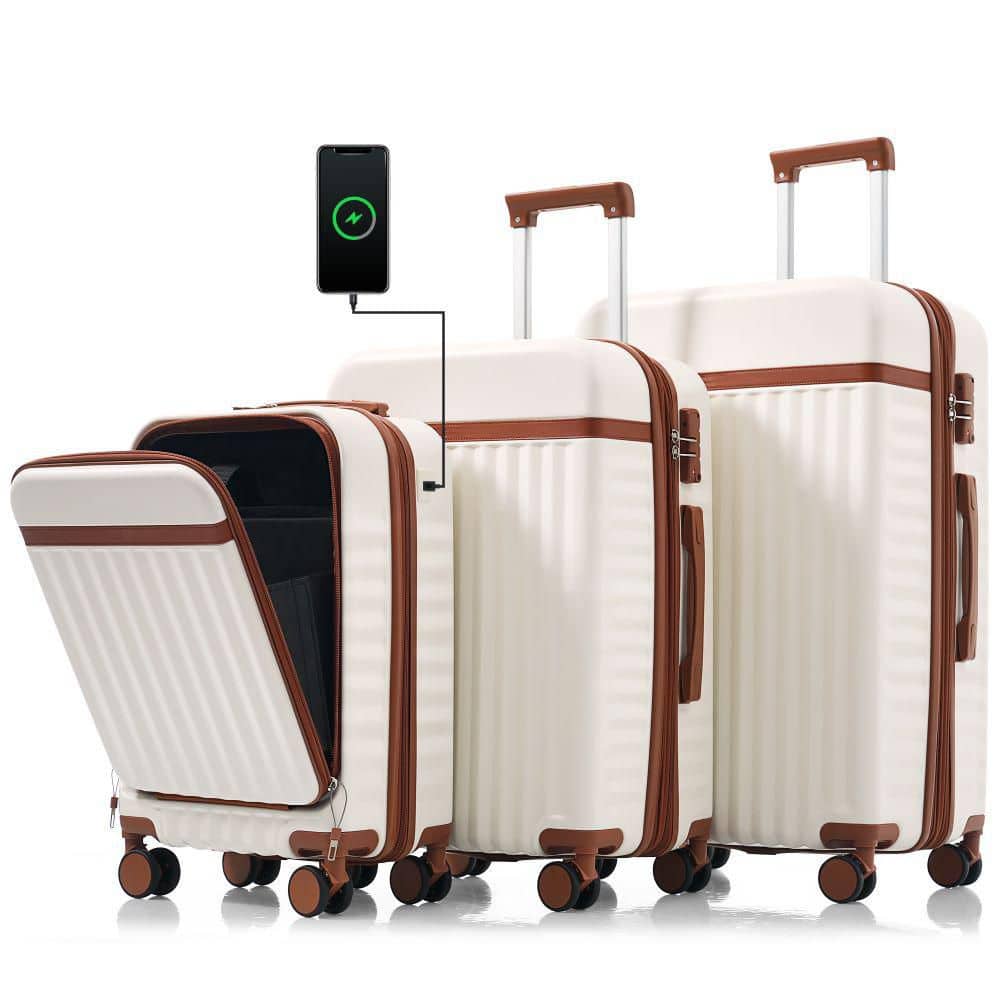 Merax 3-Piece White and Brown ABS Hardshell Spinner Expandable