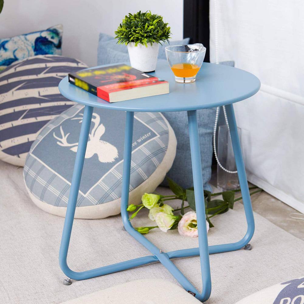 Large Blue Round Steel Outdoor End Table
