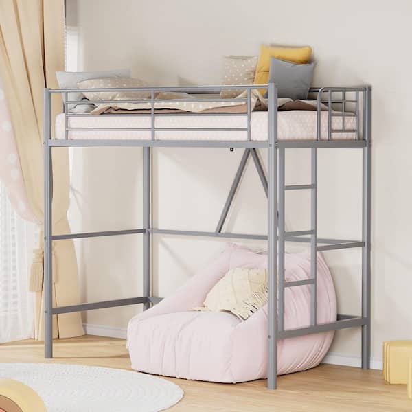 VECELO Twin Size Metal Loft Bed, Gray Heavy Duty Bed Frame with Removable Ladder, Safety Guardrail and Space-Saving Design Bed