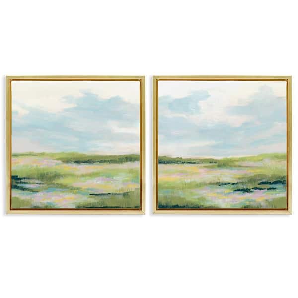 Pastel Meadow under Blue Sky by June Erica Vess 2-Pieces Gold Floater Frame Nature Graphic Art Print 25 in. x 25 in.