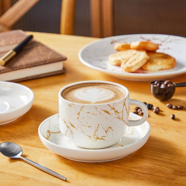 MALACASA 9 oz. White Porcelain Coffee Cups and Coffee Saucers Set