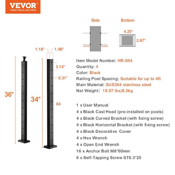 VEVOR Cable Railing Post 36 in. x 1 in. x 2 in. Steel Horizontal Hole Deck Railing Post with Horizontal and Curved Bracket