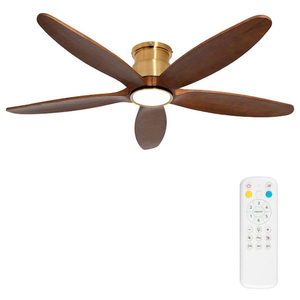 52in. Dimmable LED Indoor Brown Blade and Gold Top Flush Mount Ceiling Fan with Light and 6-Speed Remote