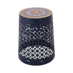 Dark Blue Round Powder-Coated Metal 18.50 in. Outdoor Accent Side Table with Gorgeous Tile Mosaic Design