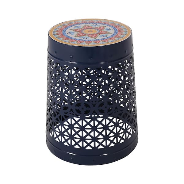 Misopily Dark Blue Round Powder-Coated Metal 18.50 in. Outdoor Accent Side Table with Gorgeous Tile Mosaic Design