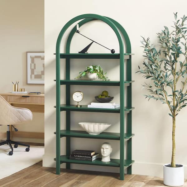Zoey 72 in. Tall Green MDF/Solid Pine Wood 5 Shelf Arched Modern Bookcase