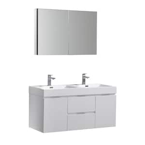 Valencia 48 in. W Wall Hung Vanity in White with Acrylic Double Vanity Top in White with White Basin, Medicine Cabinet