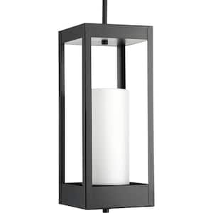 Patewood Collection 1-Light Matte Black Etched Opal Glass Farmhouse Outdoor Hanging Lantern Light