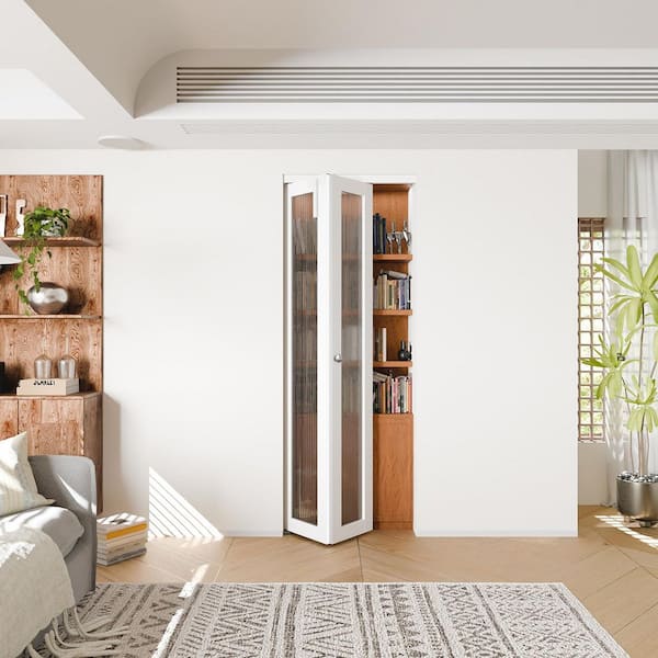 24 in. x 80 in. Full Lite Reed Glass Solid Core PVC Covering MDF Bi-fold Doors with Locks, Handles and Accessories