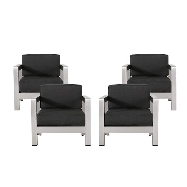 Noble House Aviara Silver Arm Aluminum Outdoor Club Lounge Chairs with Grey Cushion (4-Pack)