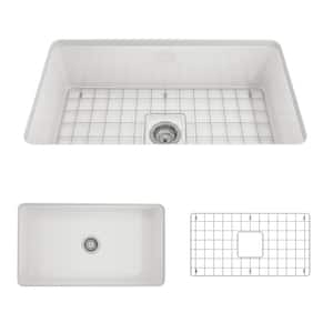 Sotto Undermount Fireclay 32 in. Single Bowl Kitchen Sink with Bottom Grid and Strainer in White