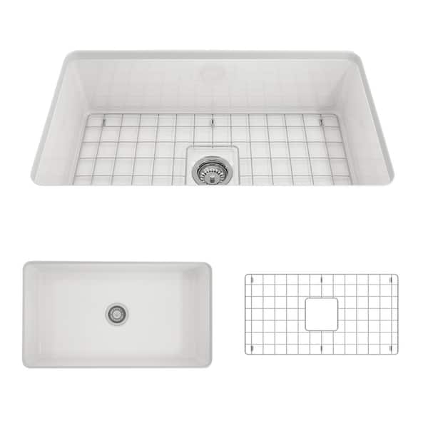 BOCCHI Sotto Undermount Fireclay 32 in. Single Bowl Kitchen Sink with Bottom Grid and Strainer in White