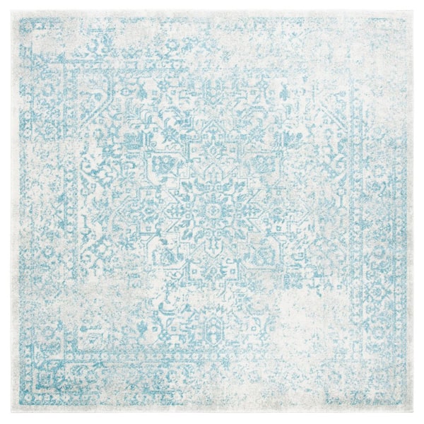Evoke Ivory/Aqua  3 ft. x 3 ft. Distressed Border Medallion Square Area Rug