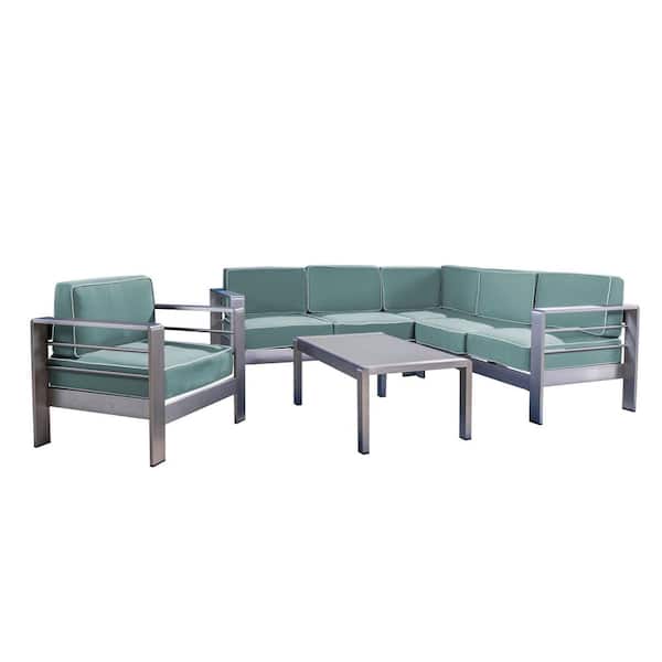 Noble House Cape Coral Silver 5-Piece Aluminum Patio Sectional Seating Set with Canvas Spa Sunbrella Cushions