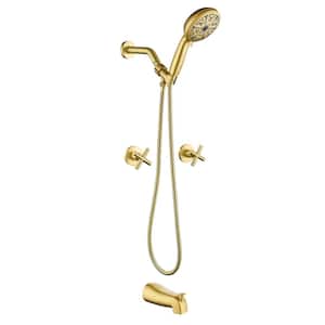 Double Handle 10-Spray Tub and Shower Faucet 1.8 GPM Brass Shower System with Hand Shower in Brushed Gold Valve Included