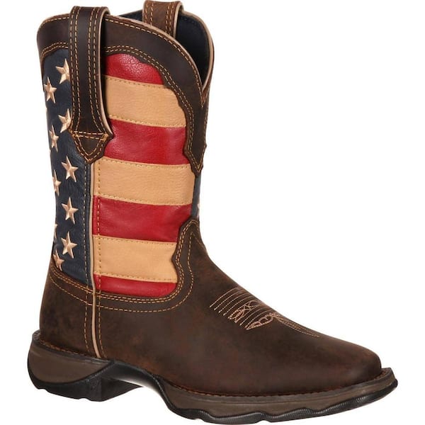 DURANGO Lady Rebel Patriotic Women's Pull-On Western Flag Boot - Soft Toe - Brown and Union Flag Size 11(M)