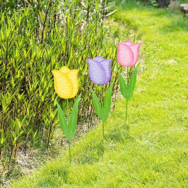 Glitzhome Set of 3 24 in.H Easter Metal Tulips Yard Stake (KD
