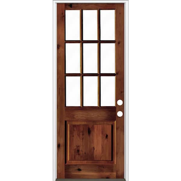 Krosswood Doors 42 in. x 96 in. Rustic Knotty Alder Clear Low-E Glass 9-Lite Red Chestnut Stain Left Hand Single Prehung Front Door