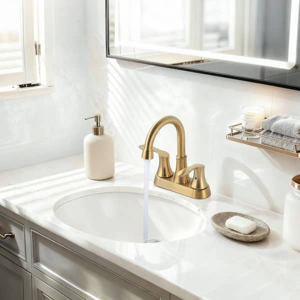 4 in. Centerset Double Handle 3 Holes High Arc Bathroom Faucetwith Pop-Up Drain in Brushed Gold