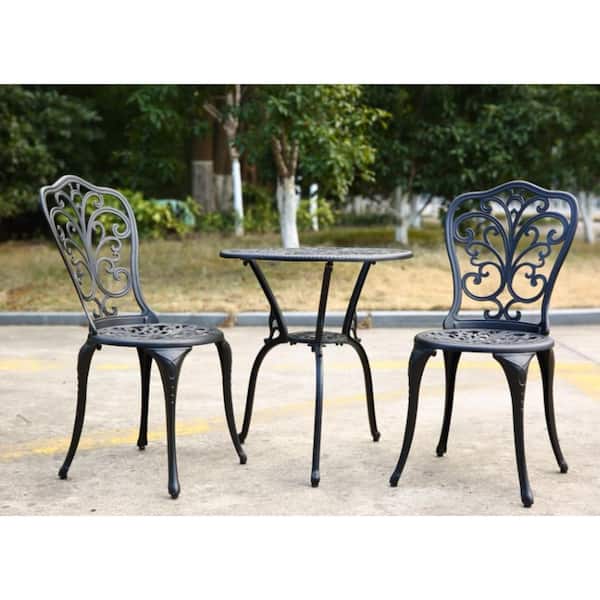 Otryad Black 3-Piece Metal Outdoor Bistro Set, Outdoor Rust-Resistant Cast Aluminum Patio Bistro Set