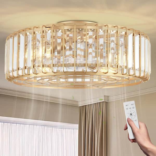 20 in. Indoor Gold Crystal Ceiling Fan with Light, Mid Century Gold Fandelier with Remote Control, 6 Speeds for Bedroom