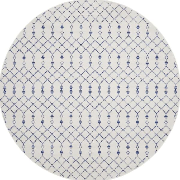 8 ft. Round Blue Geometric Washable Area Rug