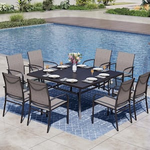 Black 9-Piece Metal Patio Outdoor Dining Set with Slat Square Table and Textilene Chairs