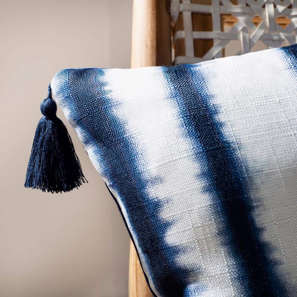 Cassia 16" Square Black and Blue Polyester Pillow with Tassels