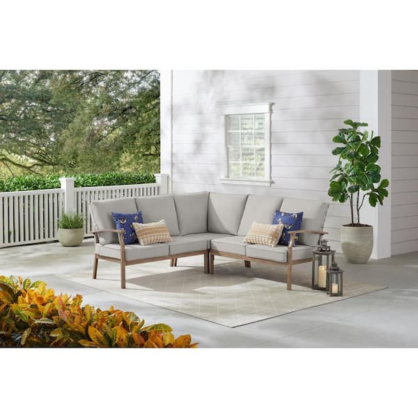 Hampton Bay Beachside Rope Look Wicker Outdoor Patio Sectional Sofa Seating Set with CushionGuard Stone Gray Cushions