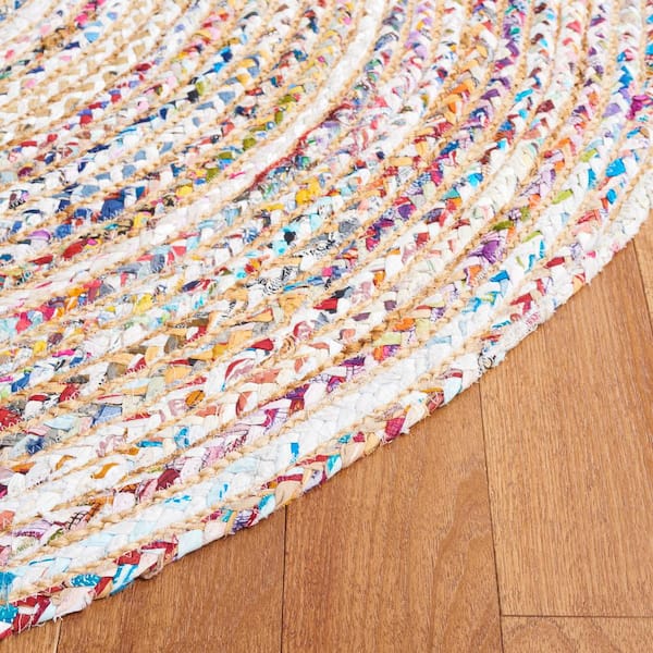 Abstract Hand Braided Oval Beige Jute Rug With Orange Triple Line