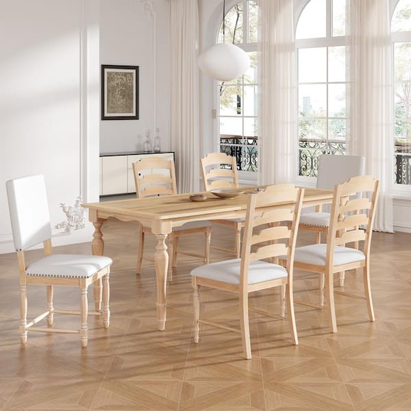Harper & Bright Designs Vintage Natural 7-Piece MDF Top Extendable Dining Set with Removable Leaf, 4-Serrated Back Chairs, 2-Linen Back Chairs