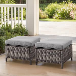 Gray Wicker Outdoor Ottoman with Gray Cushions (2-Pack)