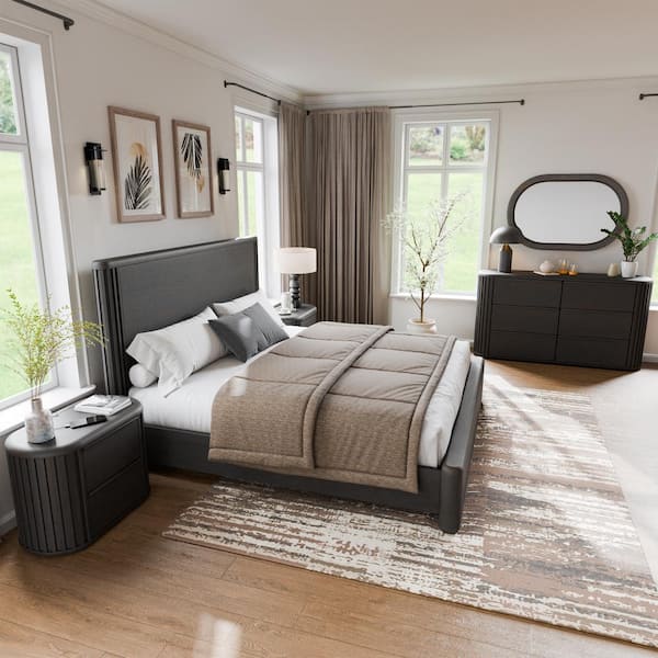 Furniture of America Eastbrook 5-Piece Modern Black Acacia Wood Queen Bedroom Set with 2 Nightstand and Dresser/Mirror