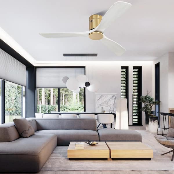 52 in. Indoor/Outdoor Wood Flush Mount Gold Ceiling Fan without Light, 6-Speed DC Remote Control for Living Room