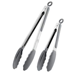 2-Pack (9 in. and 12 in.) Tongs for Cooking with Silicone Tips - Silver -Gray