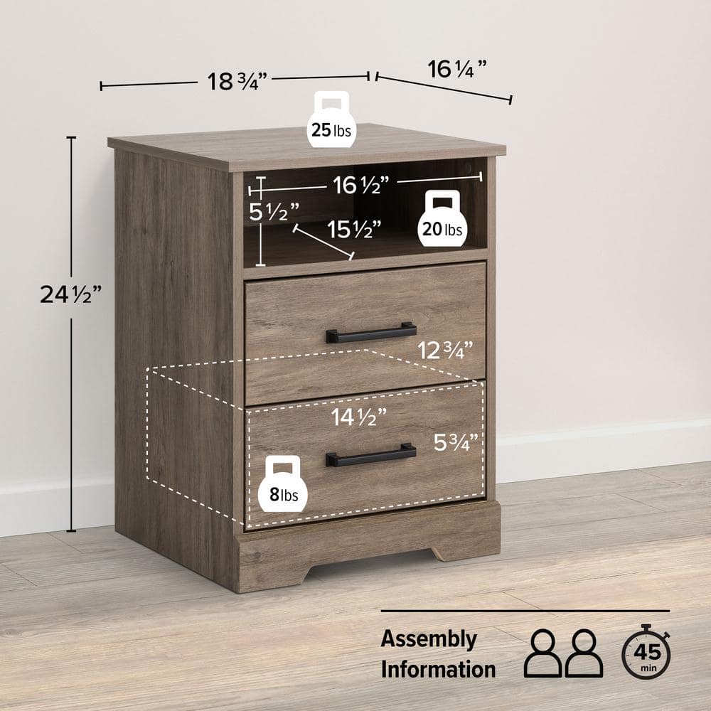 Rustic Brown Pine Wood 2-Drawer Nightstand with Open Shelf