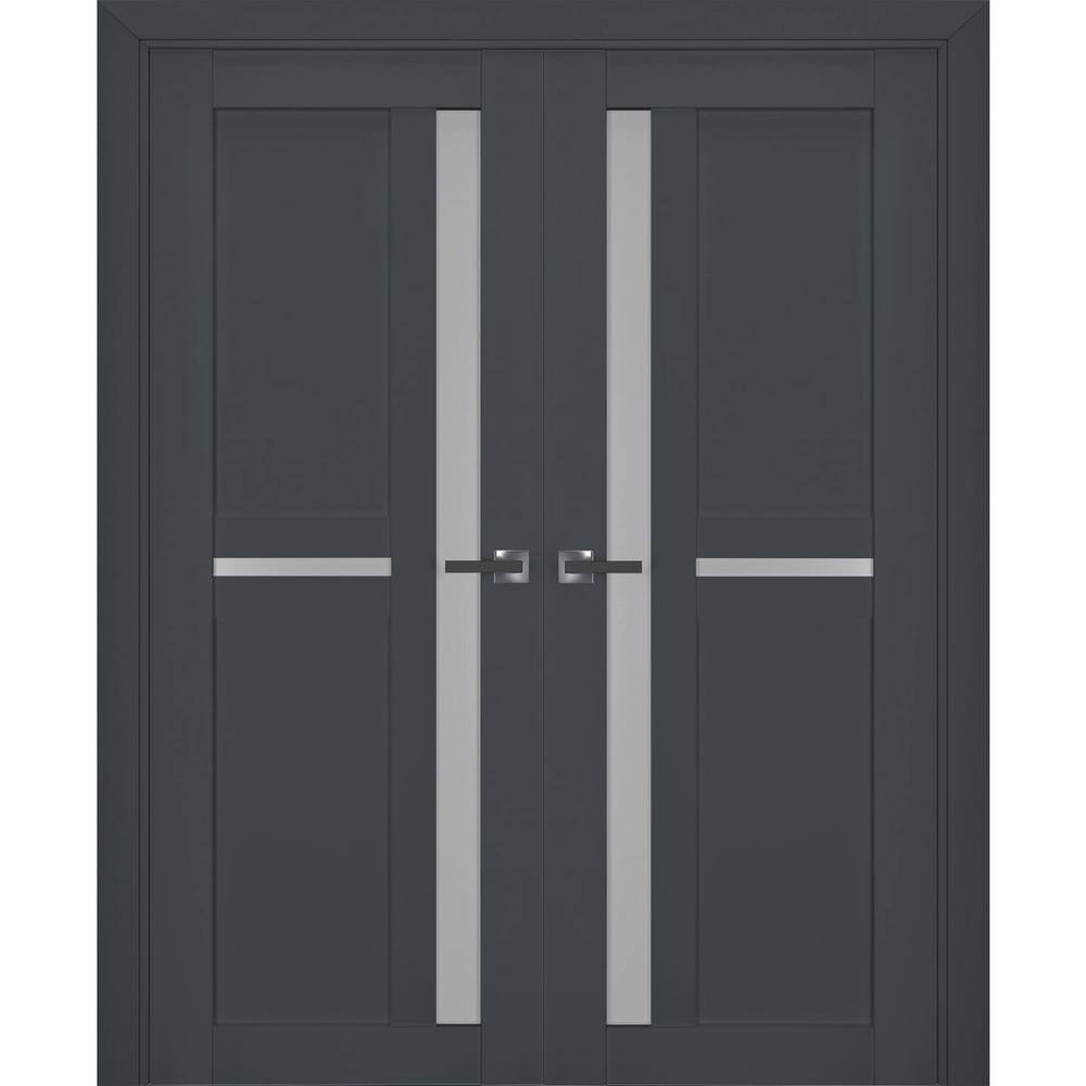 56" x 80" Antracite Solid Pine French Double Doors with Frosted Glass