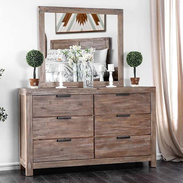Light Oak 6-Drawers 38 in. H x 62 in. W x 18 in. D Wynton Weathered Dresser